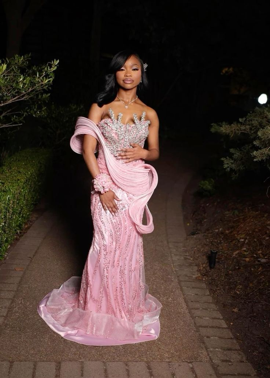 Luxurious Pink Strapless Sequin Beaded Long Prom Dress Birthday Evening Dress Y9712