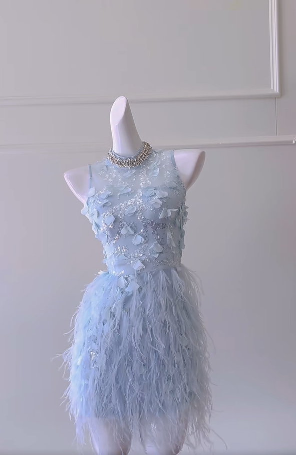 Classy Blue Sleeveless Sequin Feathers Mini Birthday Outfits Sheath Homecoming Dress Y8980