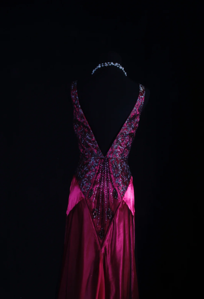 Charming V Neck Hot Pink Satin Beaded Mermaid Long Party Dress Birthday Evening Gown