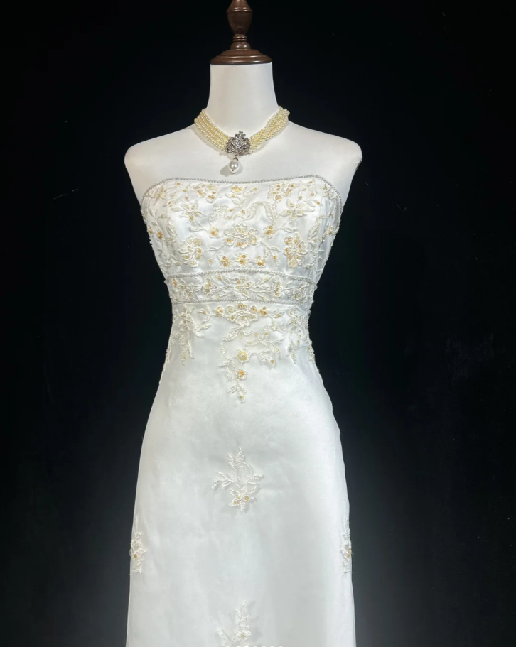 Pretty Strapless White Tulle Lace Beaded Mermaid Long Party Dress Evening Gown