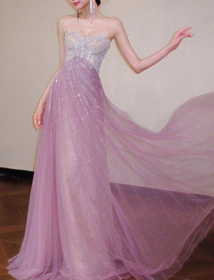 Glitter Strapless Pink Tulle Sequin A Line Long Party Dress Evening Gown