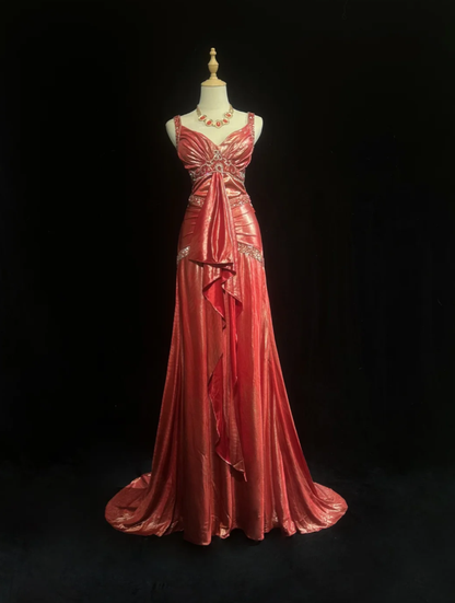 Unique Pink V Neck Satin Beaded Mermaid Long Prom Dress Evening Dress Formal Wedding Guest Dress SP1389