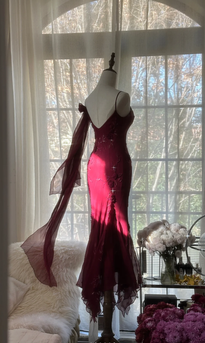Charming Spaghetti Straps Burgundy Chiffon Beaded Mermaid Long Party Dress Birthday Prom Gown