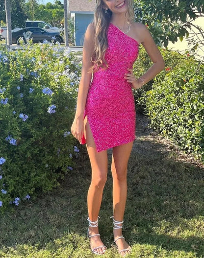 omberprom One Shoulder Sequins Simple Homecoming Dress Sparkly Party Dress Graduation Dress