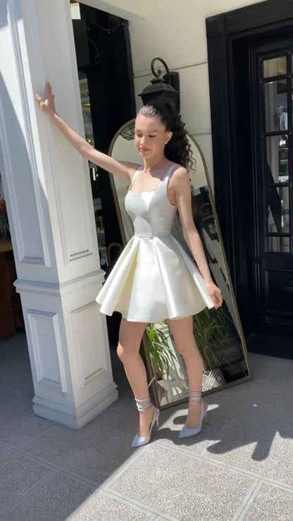 Vintage White Satin Short A-Line Party Dress Cocktail Dress Homecoming Dress TP4448