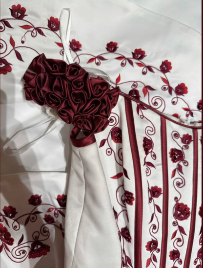 Unique Off The Shoulder Ball Gown White Satin Embroidery Flowers Long Birthday Party Dress Prom Gown