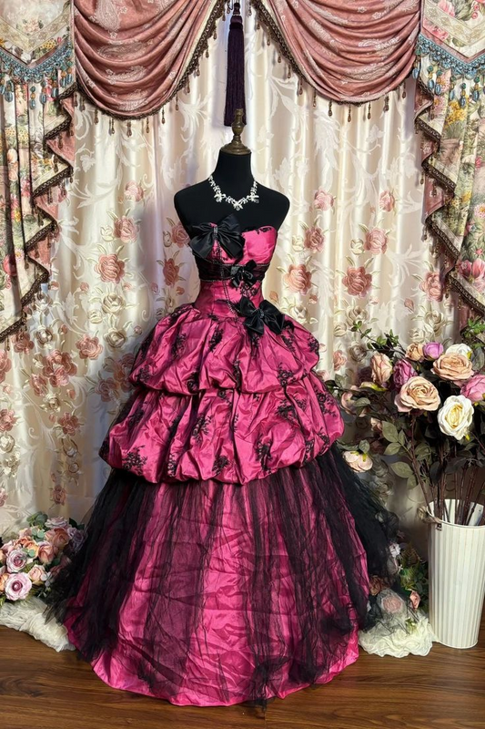 Vintage Strapless Pink Lace Satin Layered Ball Gown Long Party Dress With Bow