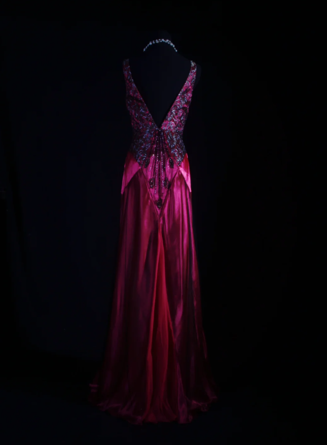 Charming V Neck Hot Pink Satin Beaded Mermaid Long Party Dress Birthday Evening Gown