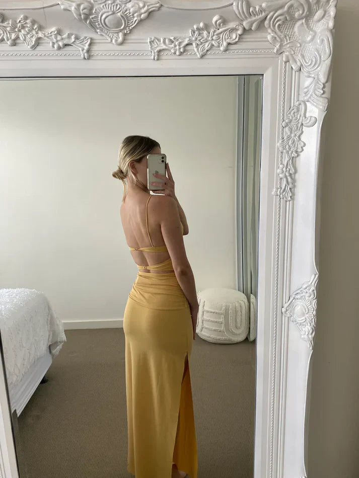 Spaghetti Straps Backless Simple Elegant Party Dress with Slit Sexy Evening Dress Wholesale