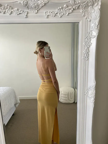 Spaghetti Straps Backless Simple Elegant Party Dress with Slit Sexy Evening Dress Wholesale