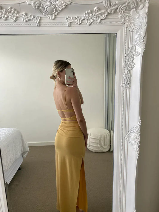 Spaghetti Straps Backless Simple Elegant Party Dress with Slit Sexy Evening Dress Wholesale