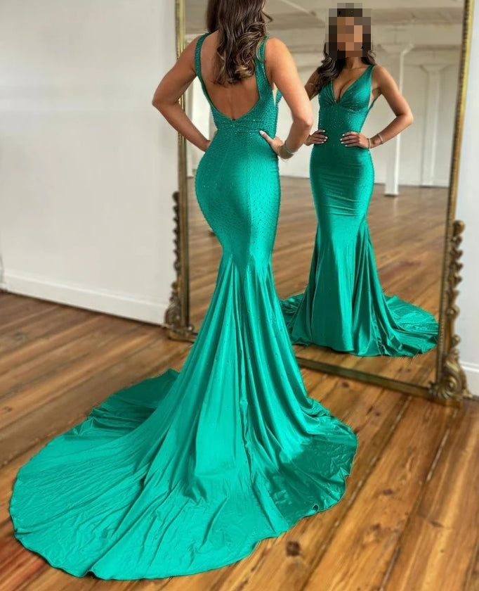 omberprom Green V Neck Backless Beads Mermaid Long Prom Dress Sexy Evening Dress