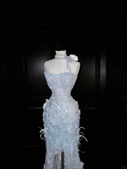 Dream Blue Tulle Beaded Appliques Long Prom Dress,Slit Mermaid Evening Dress Wedding Dress Y8668