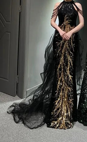 Sexy Mermaid Scoop Neckline Black Sequin Floor Length Prom Dresses P2401