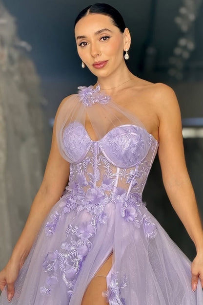 Lavender One-Shoulder Floral Appliqué Tulle Prom Gown with High Slit