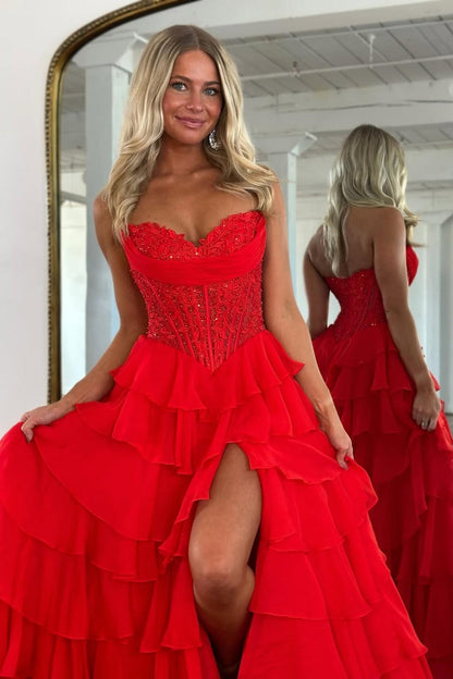 Layered Ruffle A-Line Prom Dress with Embellished Lace Bodice and Leg Slit