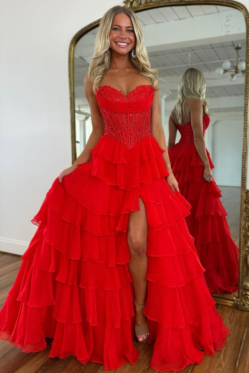 Layered Ruffle A-Line Prom Dress with Embellished Lace Bodice and Leg Slit