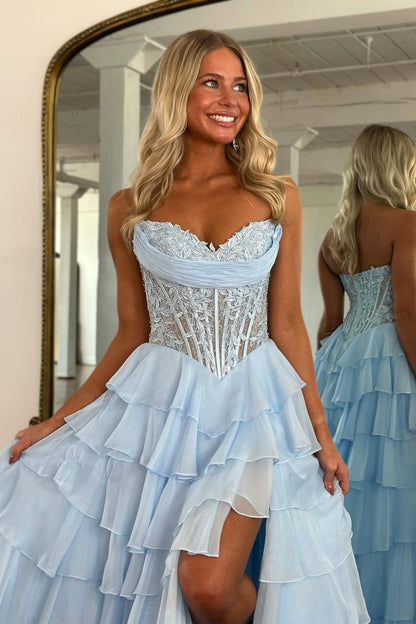 Layered Ruffle A-Line Prom Dress with Embellished Lace Bodice and Leg Slit