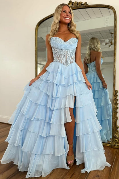 Layered Ruffle A-Line Prom Dress with Embellished Lace Bodice and Leg Slit
