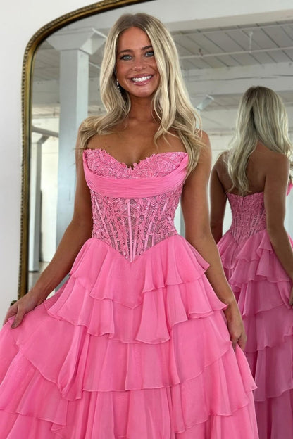 Layered Ruffle A-Line Prom Dress with Embellished Lace Bodice and Leg Slit