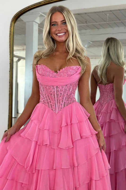 Layered Ruffle A-Line Prom Dress with Embellished Lace Bodice and Leg Slit