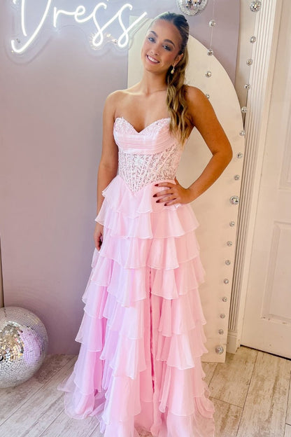 Layered Ruffle A-Line Prom Dress with Embellished Lace Bodice and Leg Slit