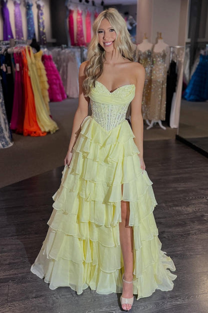 Layered Ruffle A-Line Prom Dress with Embellished Lace Bodice and Leg Slit