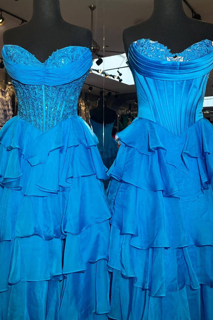 Layered Ruffle A-Line Prom Dress with Embellished Lace Bodice and Leg Slit