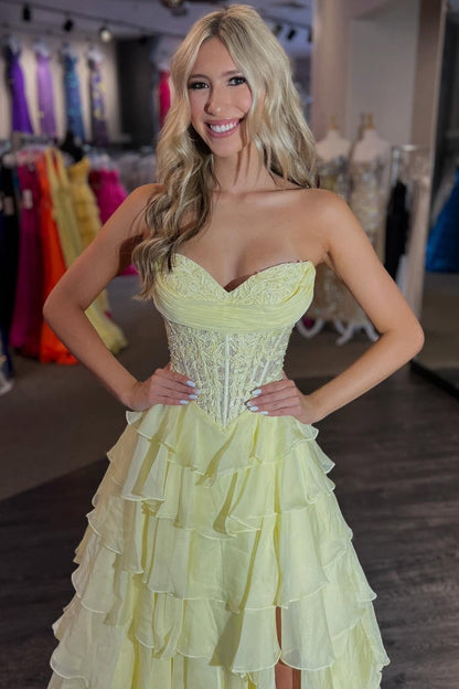 Layered Ruffle A-Line Prom Dress with Embellished Lace Bodice and Leg Slit