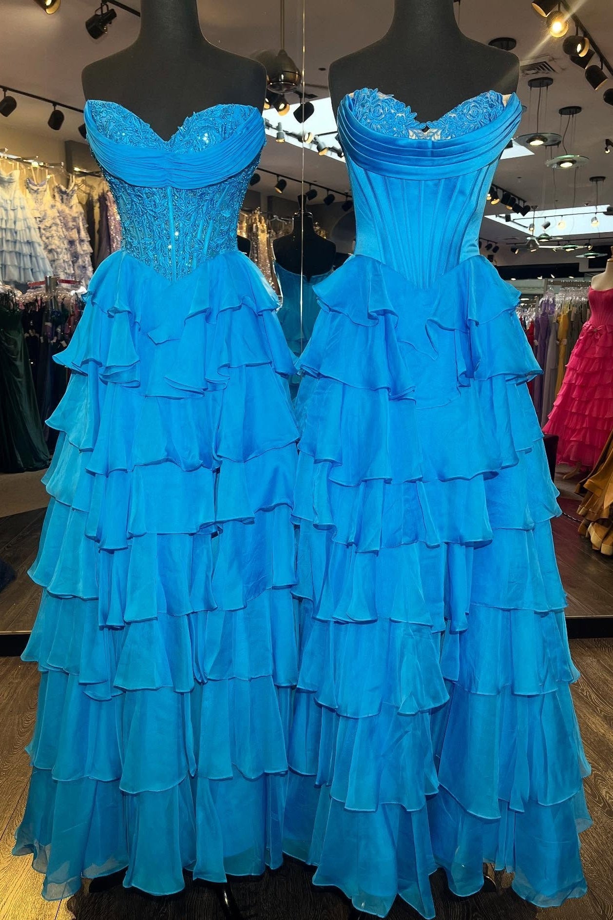 Layered Ruffle A-Line Prom Dress with Embellished Lace Bodice and Leg Slit