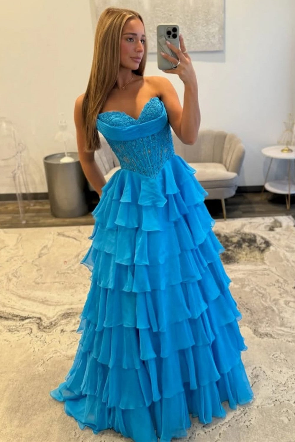 Layered Ruffle A-Line Prom Dress with Embellished Lace Bodice and Leg Slit