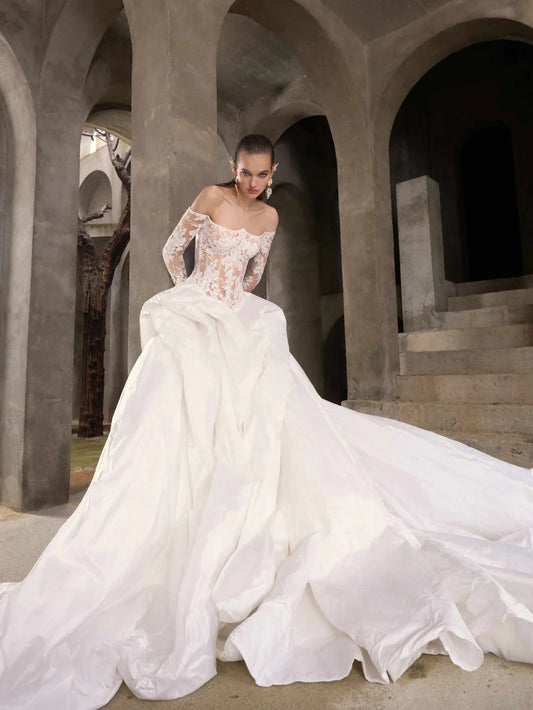 Gorgeous Lace Off-the-shoulder Long-sleeve Design A-Line Wedding Dress Ball Gown Prom Dress Evening Dress TP4597
