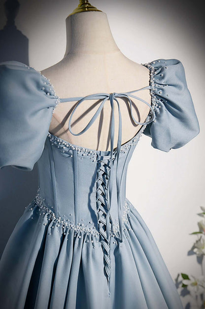 Light Blue Satin Long Prom Dress,A-Line Short Sleeve Evening Dresses