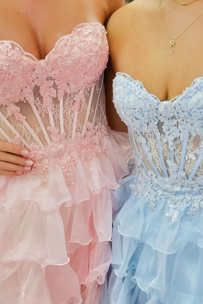 Light Blue A-Line Sweetheart Lace Up Short Tiered Tulle Dress Homecoming Dress