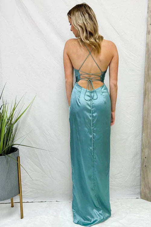 omberprom Elegant Light Blue Long Prom Dress Cowl Neck Twist Knot Pleated With Slit