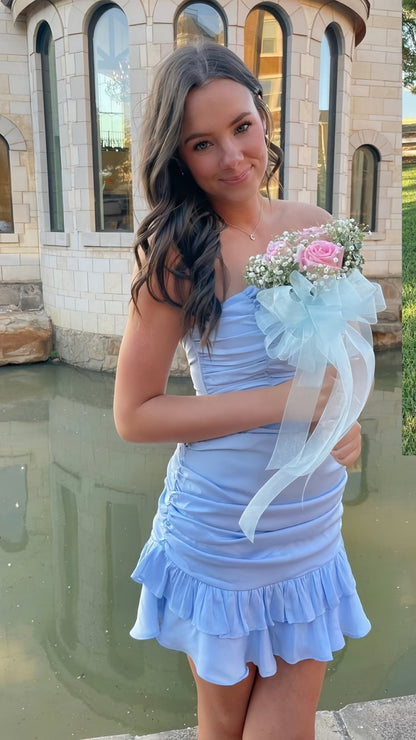 Light Blue Homecoming Dresses Strapless Homecoming Dress Pleated Mini Party Dresses,AST1992