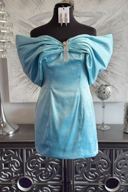 Light Blue Off-the-Shoulder Satin Homecoming Dress with Rhinestone Brooch Detail