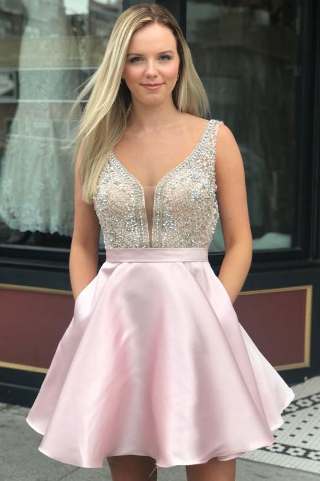 PM195,Light Pink Beaded A-Line Homecoming Dresses Sleeveless Graduation Dress