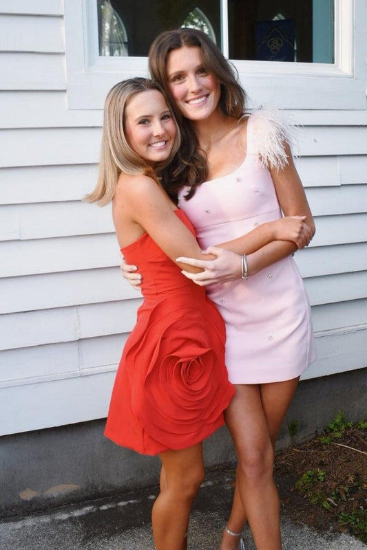 Light Pink Feather Strap Embellished Mini Homecoming Dress