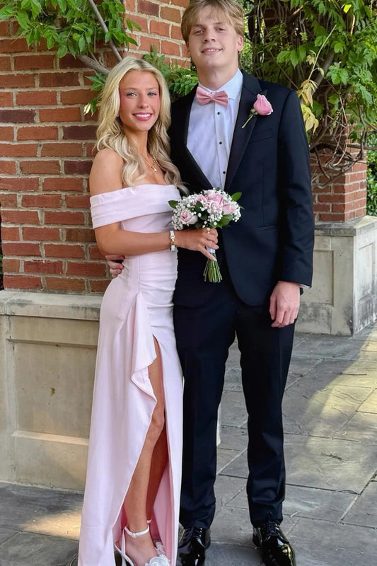 Light Pink Off Shoulder Mermaid Prom Dress with Ruffle Side High Slit