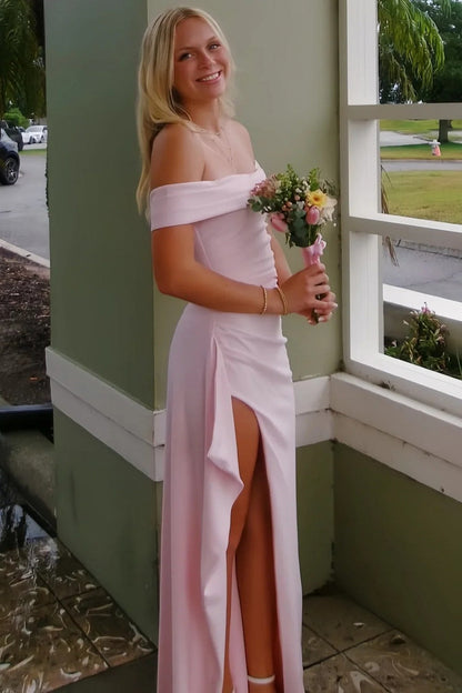 Light Pink Off Shoulder Mermaid Prom Dress with Ruffle Side High Slit