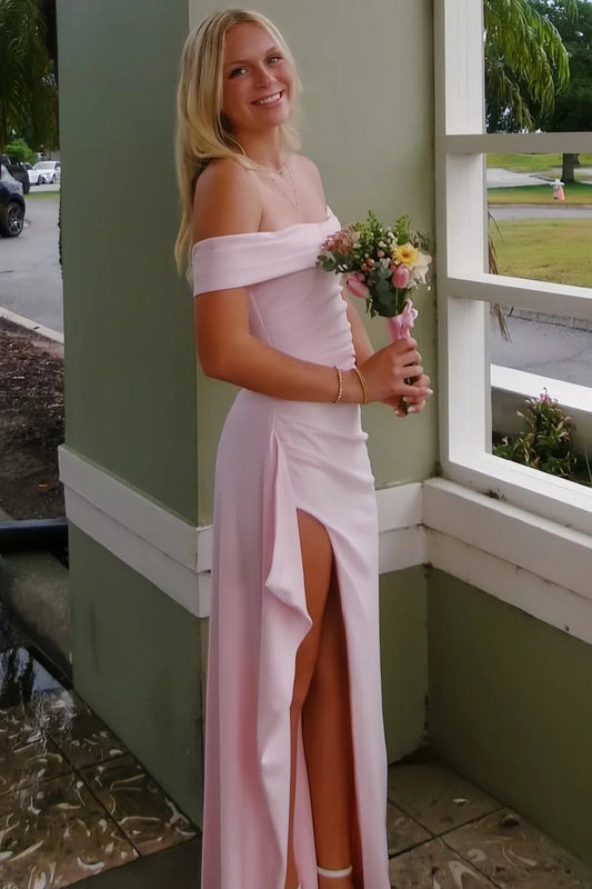 Light Pink Off Shoulder Mermaid Prom Dress with Ruffle Side High Slit