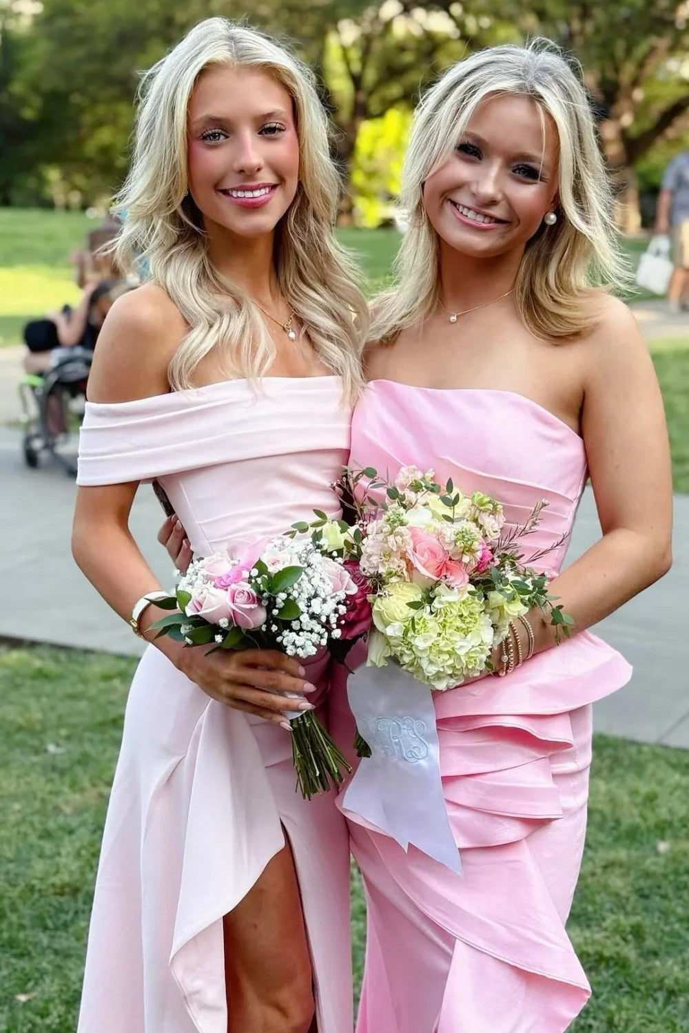 Light Pink Off Shoulder Mermaid Prom Dress with Ruffle Side High Slit