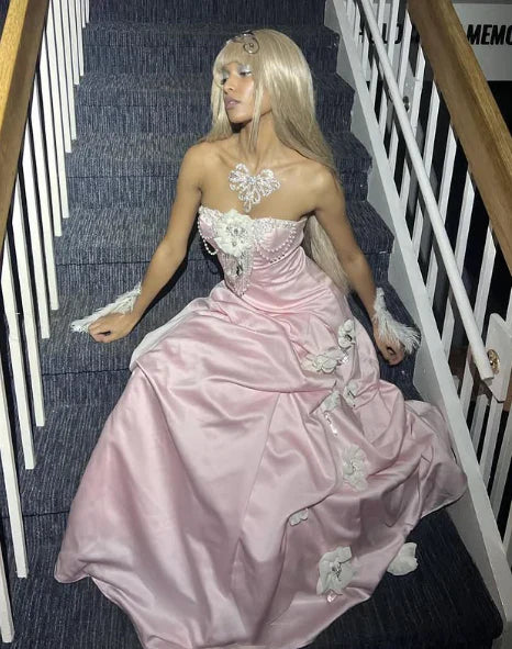 Light Pink Strapless Prom Dresses Pearl Floral Evening Party Dress,AST2230