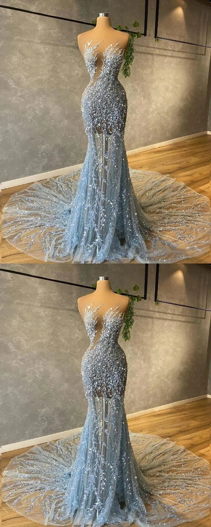 Light Blue Mermaid Sequin Party Dresses Sexy Prom Dress,AST2287
