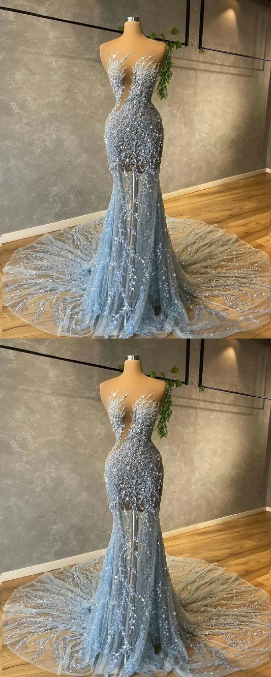 Light Blue Mermaid Sequin Party Dresses Sexy Prom Dress,AST2287