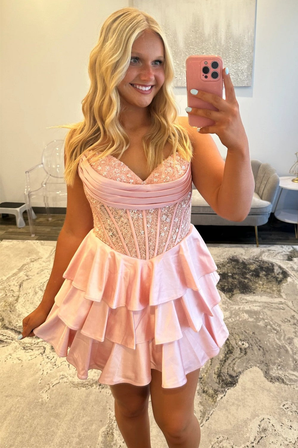 Light Blue Sweetheart Tiered Homecoming Dress with Lace Corset Bodice