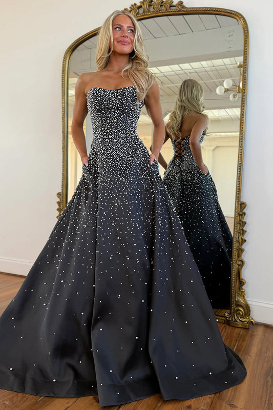 Light Pink Strapless Beaded Prom Dress A-Line Satin Gown with Corset Back