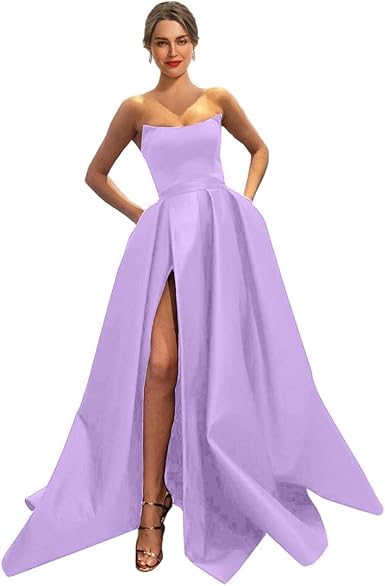 Womens Long Strapless Satin Prom Dress Sleeveless Slit Evening Ball Gown Off Shoulder Party Dress Wholesale