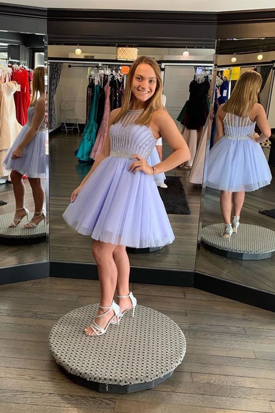 PM222,Lilac beaded halter tulle mini homecoming party dresses